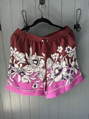 Express Floral Drawstring Shorts - Burgundy & Pink